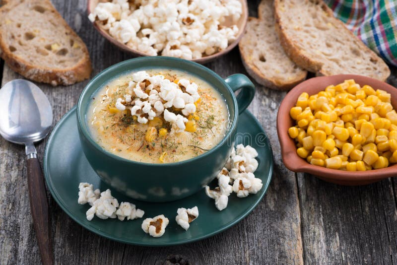 Corn Soup with Popcorn in Cup on Wooden Table Stock Photo Image of