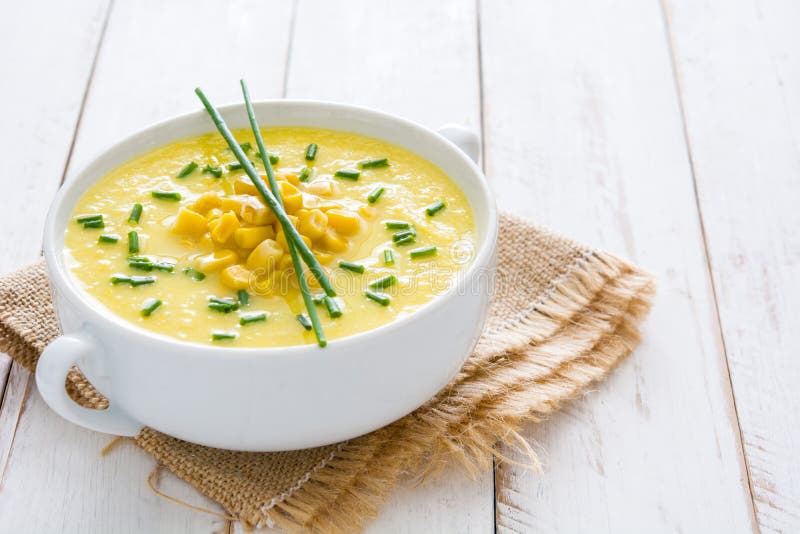 Corn soup in white bowl stock photo. Image of corn, delicious - 80975058