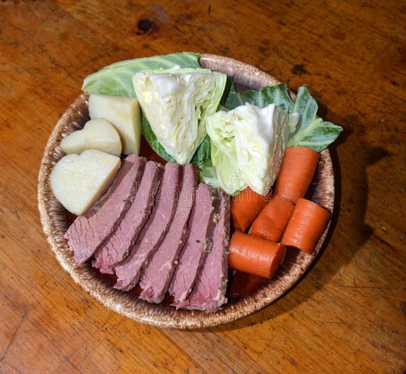 Corned Beef Platter Cabbage Carrots Potatoes for St. Patrick`s Stock