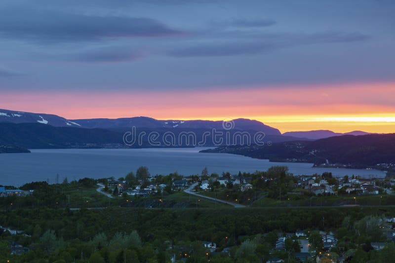 Corner Brook at sunset stock photo. Image of skyline 132999600
