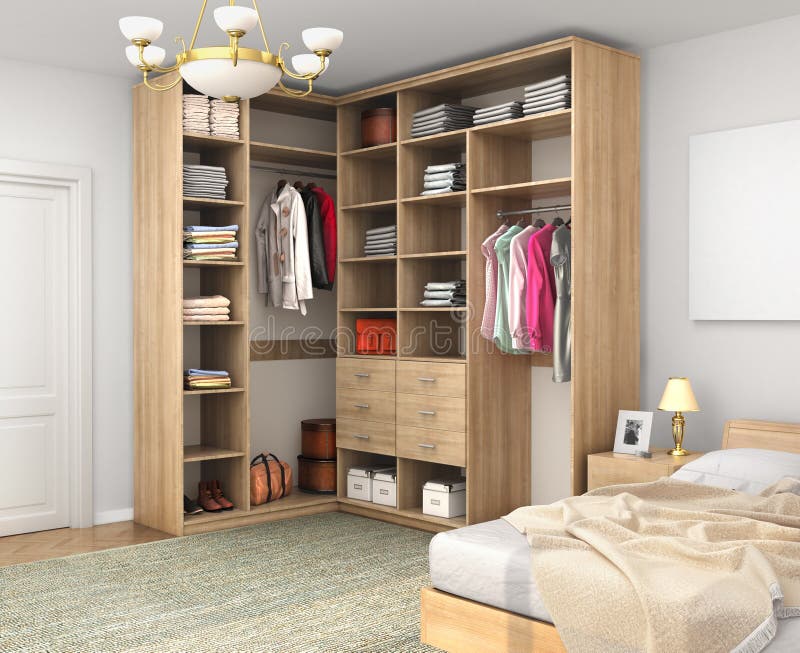 Corner Closet in the room against a white wall. 3d illustration