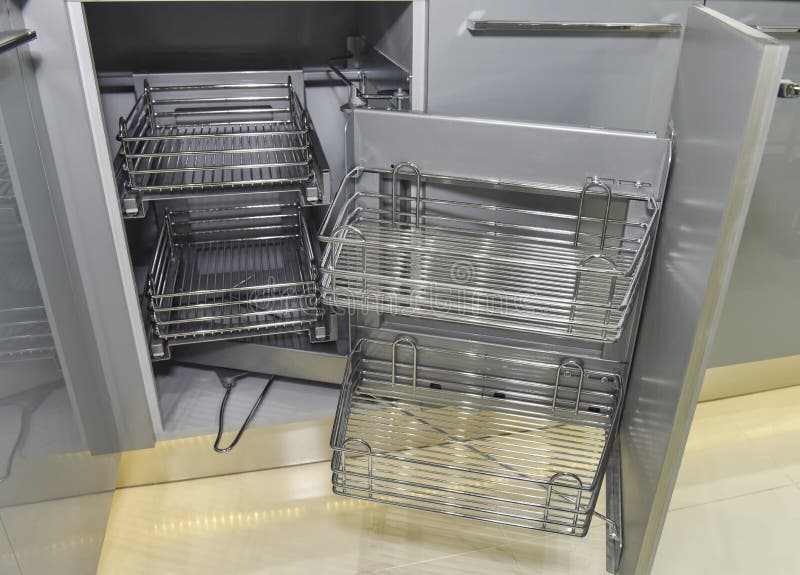 Corner cupboard in a kitchen with shelves