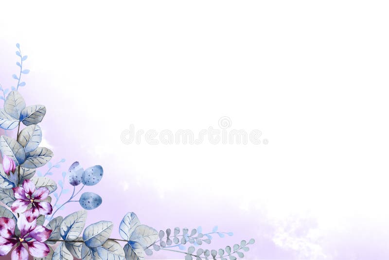 Corner frame of fantasy purple flowers, blue and green leaves and herbs with lilac fog on a white background. Hand drawn