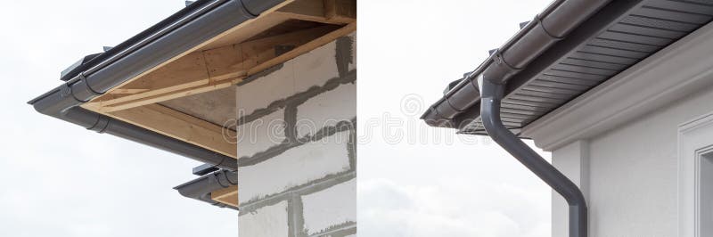 Before and after of corner of house with new gray metal tile roof and rain gutter. Metallic Guttering System, Guttering & Drainage