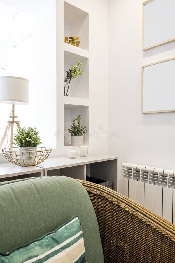 Corner of a Living Room with a Builtin Bookcase with Decorative Plants and Rattanframed Sofas
