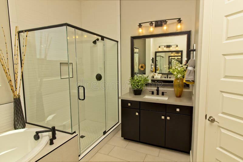 Corner Master Bath Glass Shower and Vanity Stock Image Image of glass