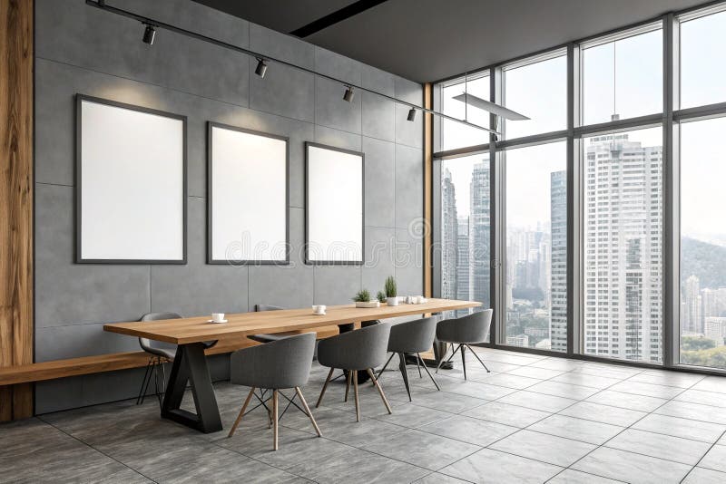 Corner of Modern Dining Room with Gray Walls and Panoramic Window stock illustration