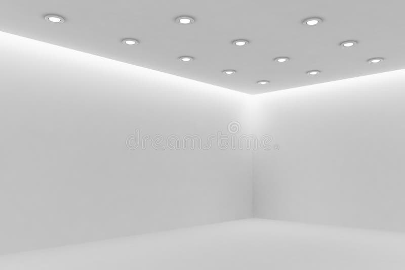 Corner Of Mpty White Room With Small Round Ceiling Lamps