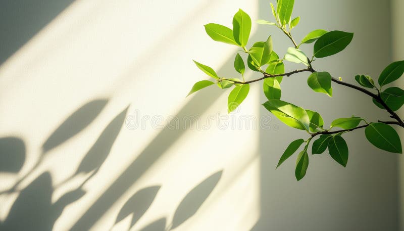 Corner room perspective with shadows and delicate light fresh green pistachio branch in the frame showing different angles of stock afbeelding
