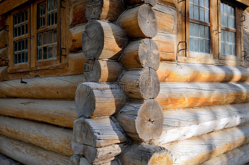 Corner of Russian old wooden house from logs