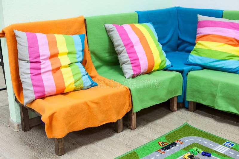 Corner Sofa with Colorful Striped Pillows in Room Stock Photo Image of contemporary, children