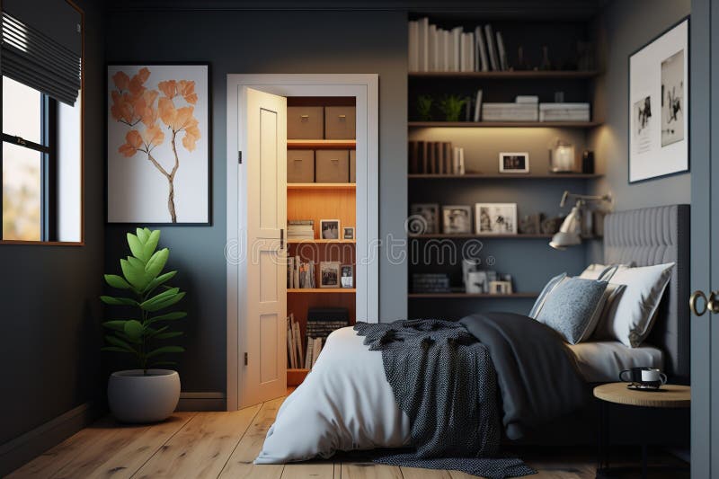 Corner View of Bedroom with Shelves and Door Stock Illustration