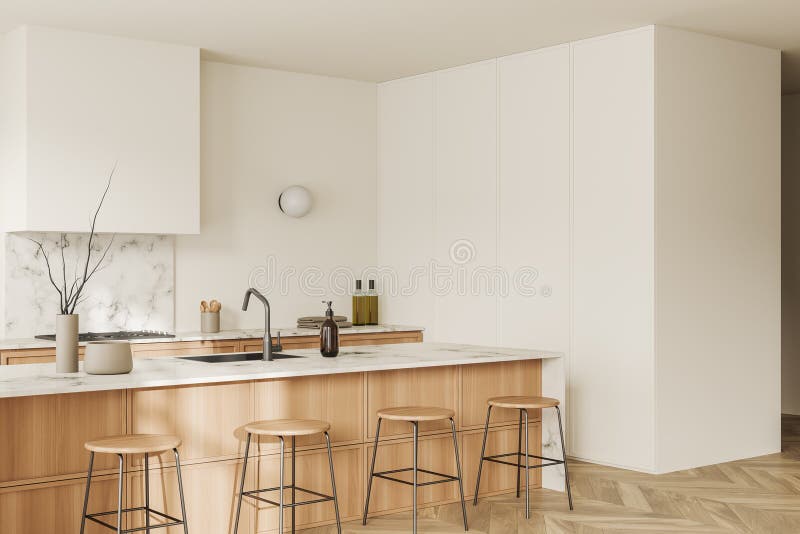 Corner view on bright kitchen room interior with island, barstools, white wall, hardwood floor, sink, gas cooker. Concept of minimalist design. 3d rendering