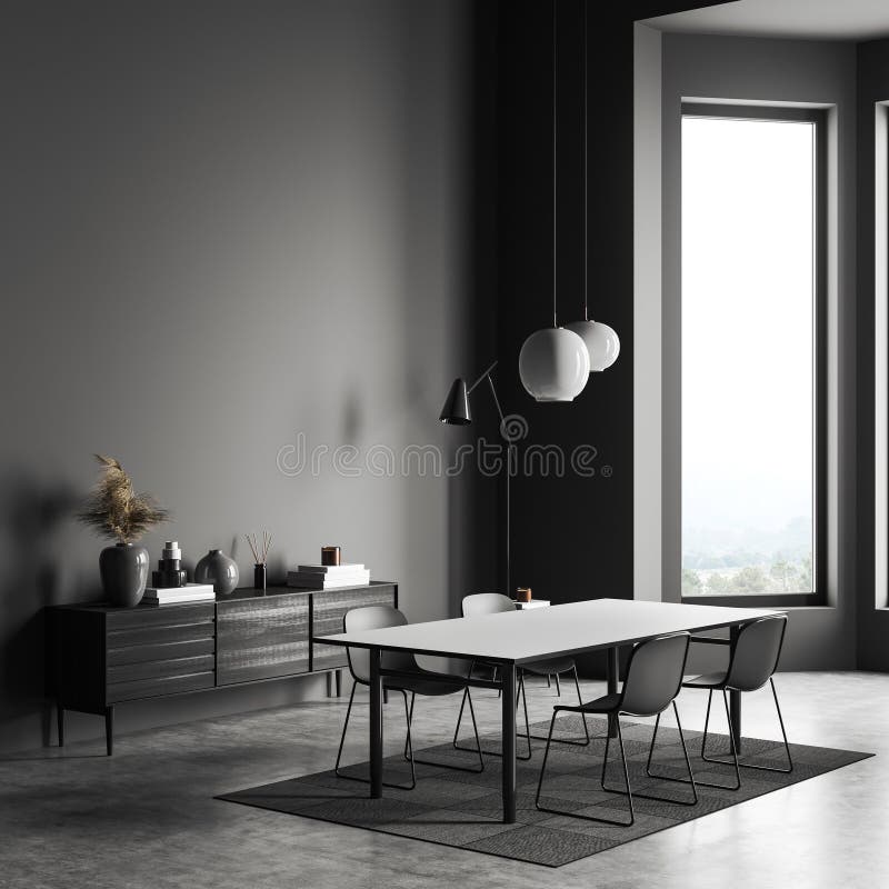 Corner view on dark dining room interior with grey wall