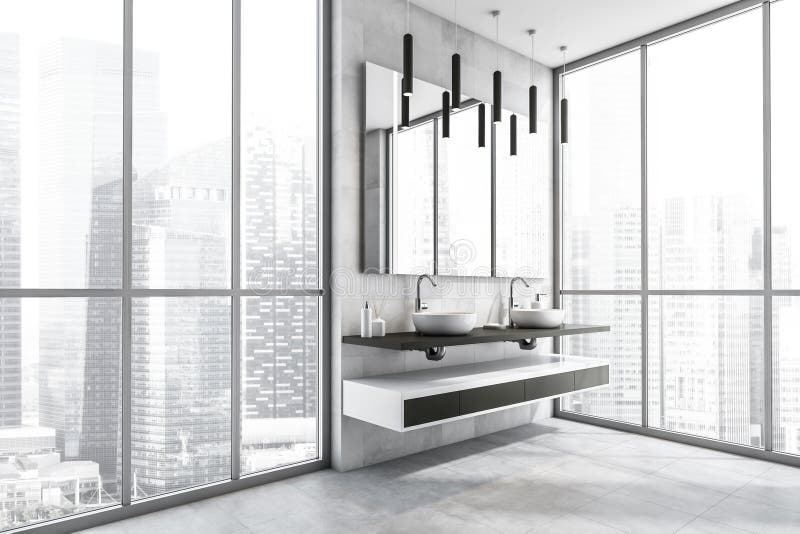 Corner View of Light Grey Panoramic Bathroom with on Trend Vanity Stock