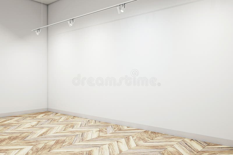 Corner view of minimalistic gallery interior with ceiling lamps and blank white wall and wooden floor background. Art gallery and