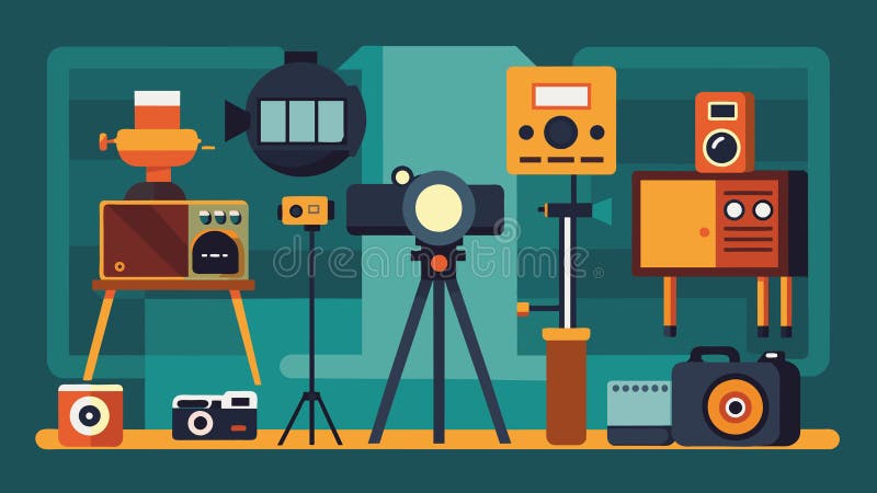 In a corner of the workshop a student has set up a mini display of antique camera equipment from tripods to filters stock illustration