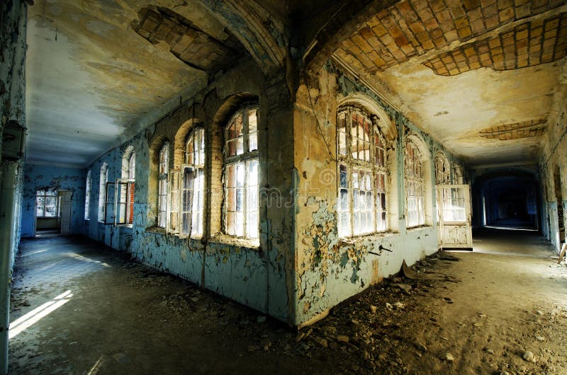 A photo of a derelict hospital corridor. Dilapidated architecture stock images, royalty-free photos and pictures