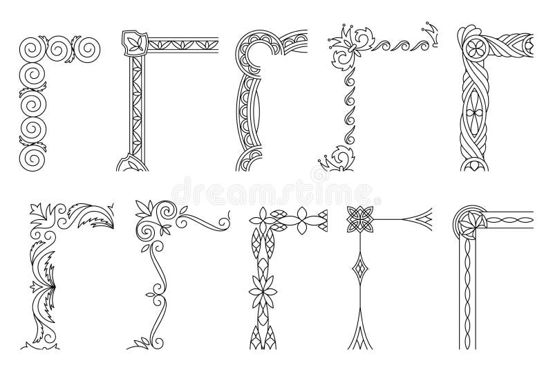 Corners design elements, vintage frame with beautiful filigree, decorative borders. Vector illustration.