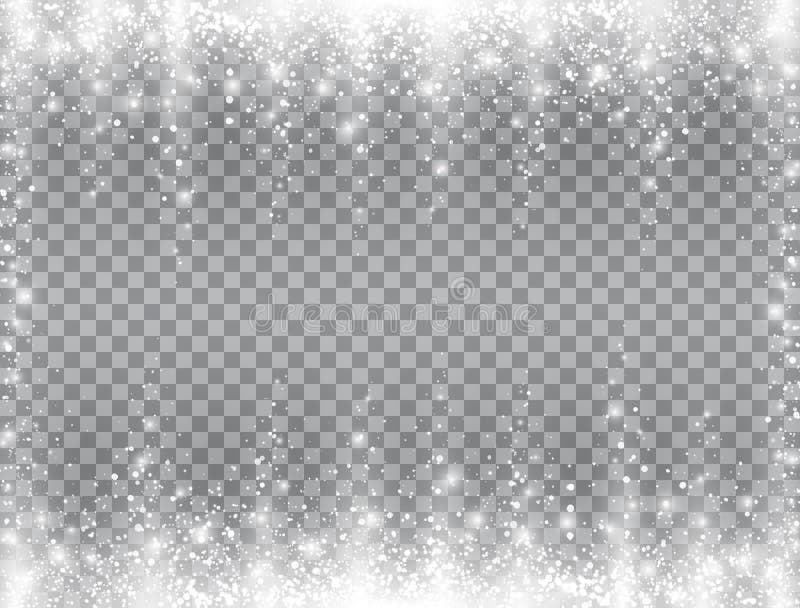 Cornice di caduta della neve Bright Magic Christmas design su sfondo trasparente fiocchi di neve di glitter, nevicate e