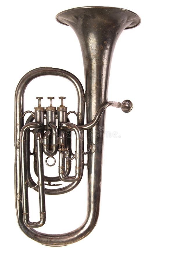 Early 20th century, engraved baritone brass horn band musical instrument on white iso background. Early 20th century, engraved baritone brass horn band musical instrument on white iso background