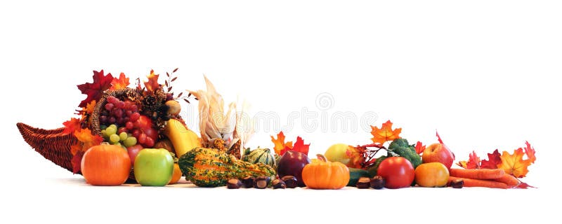 Ringraziamento cornucopia pieno autunno e la frutta e la verdura sparsi per creare un bordo.