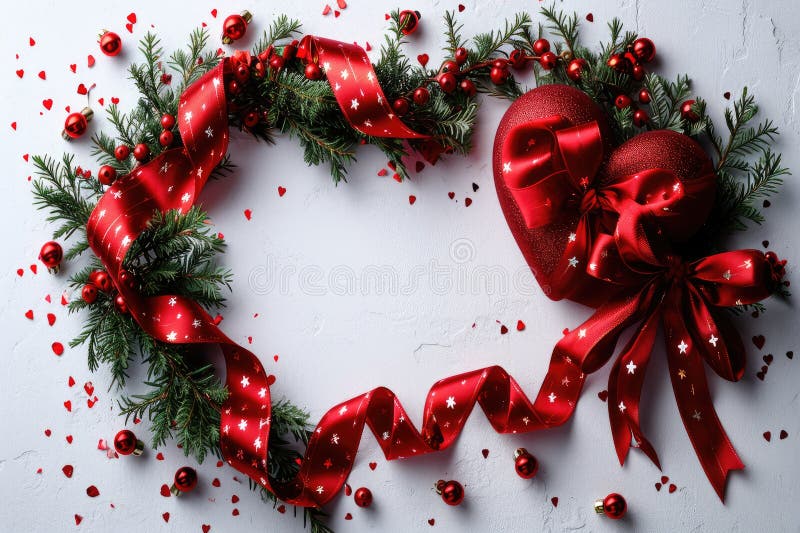 Heart-shaped wreath with red ribbon on a white background. Valentine card, wedding invitation. AI generated. Heart-shaped wreath with red ribbon on a white background. Valentine card, wedding invitation. AI generated