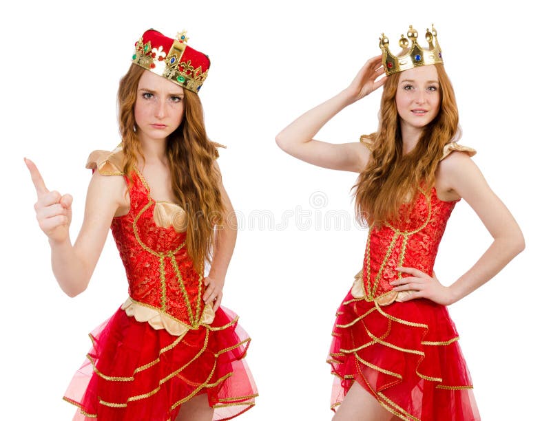 A coroa vestindo da princesa e o vestido vermelho isolados no branco imagem de stock royalty free A coroa vestindo da princesa e o vestido vermelho isolados no branco imagem de stock royalty free