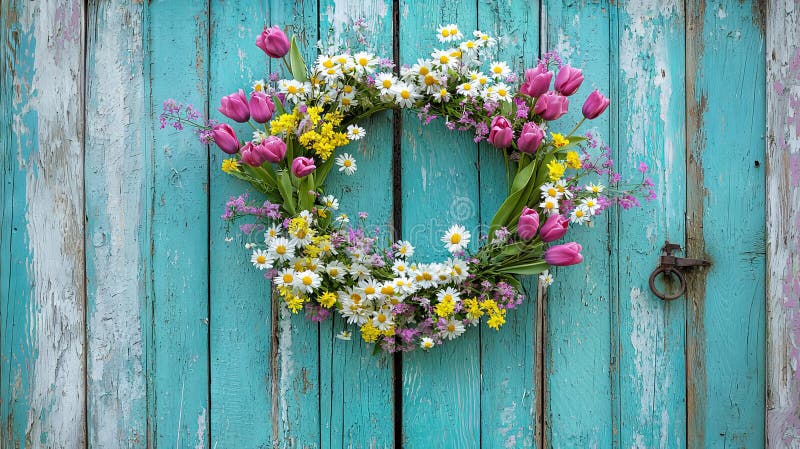 Coroană de izvor vibrantă din lalele și marginile proaspete de pe ușa terestră rustică. concept de decor sezonier floral stock image