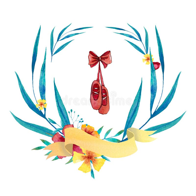 Corona blu e gialla dell'acquerello con le scarpe di balletto, l'insegna, i fiori, le foglie ed i rami illustrazione di stock Corona blu e gialla dell'acquerello con le scarpe di balletto, l'insegna, i fiori, le foglie ed i rami illustrazione di stock