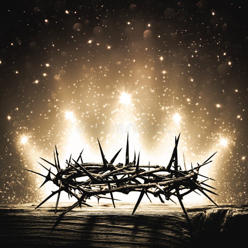 Crown Of Thorns On Wooden Cross With Bright Sparkling Crown Of Light In Background - The Death And Victory Of Jesus Christ. Crown Of Thorns On Wooden Cross With Bright Sparkling Crown Of Light In Background - The Death And Victory Of Jesus Christ