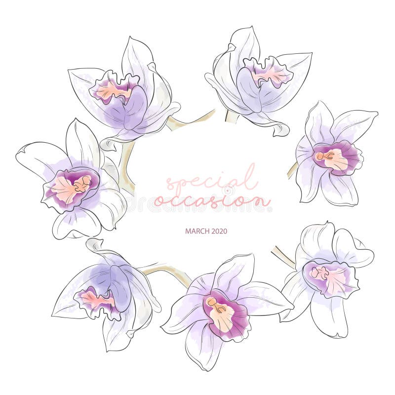 Corona dell'acquerello di estate con l'illustrazione arancio viola delle orchidee Arte botanica disegnata a mano con la decorazio royalty illustrazione gratis Corona dell'acquerello di estate con l'illustrazione arancio viola delle orchidee Arte botanica disegnata a mano con la decorazio royalty illustrazione gratis