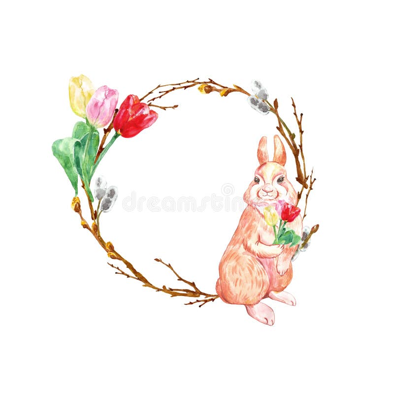 Corona di festa della molla dell'acquerello per Pasqua con coniglio sveglio, i rami di albero ed i fiori variopinti del tulipano, illustrazione di stock Corona di festa della molla dell'acquerello per Pasqua con coniglio sveglio, i rami di albero ed i fiori variopinti del tulipano, illustrazione di stock