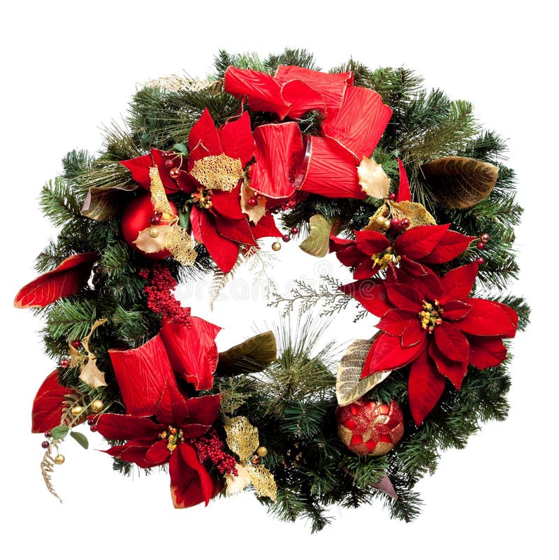 A Christmas wreath with read and gold ribbons and poinsettias on white background. A Christmas wreath with read and gold ribbons and poinsettias on white background