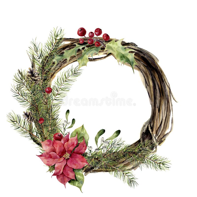 Corona di natale dell'acquerello con la decorazione L'albero del nuovo anno ed il ramo di legno si avvolgono con agrifoglio, il v royalty illustrazione gratis Corona di natale dell'acquerello con la decorazione L'albero del nuovo anno ed il ramo di legno si avvolgono con agrifoglio, il v royalty illustrazione gratis