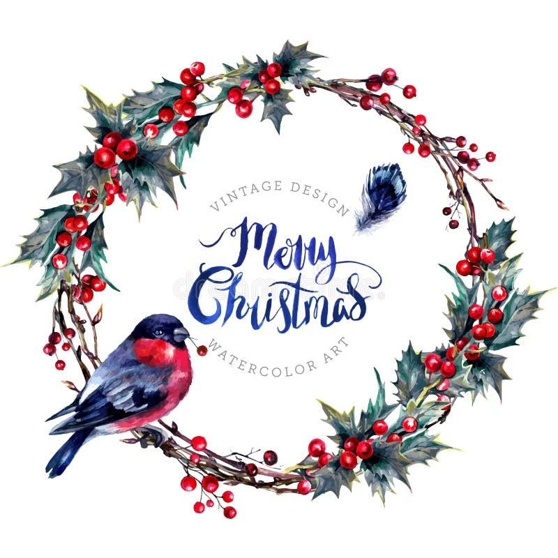 Corona di Natale dell'acquerello fatta di Holly Branches illustrazione di stock