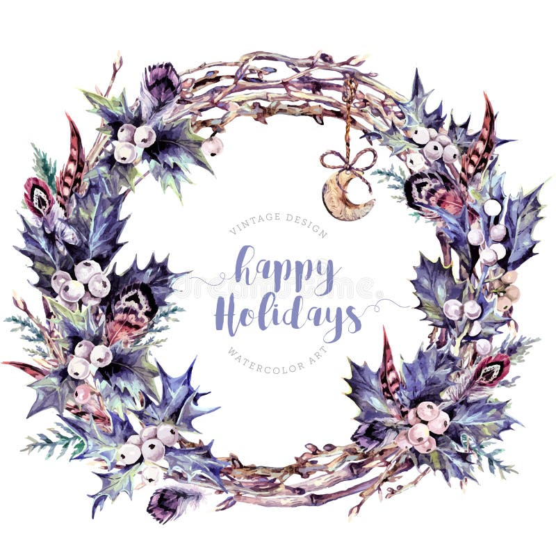 Corona di Natale dell'acquerello fatta di Holly Branches illustrazione vettoriale