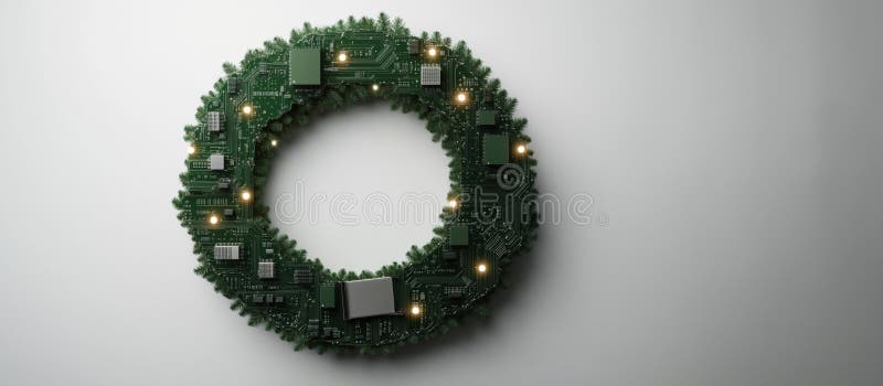 Corona di natale innovativa fatta di circuiti verdi per i moderni sistemi di decorazione per le vacanze illustrazione di stock
