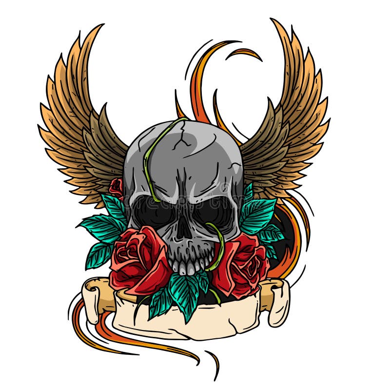 Corona di progettazione del tatuaggio di simbolo del cranio, corona dell'alloro, ali, rose ed insegna illustrazione vettoriale Corona di progettazione del tatuaggio di simbolo del cranio, corona dell'alloro, ali, rose ed insegna illustrazione vettoriale