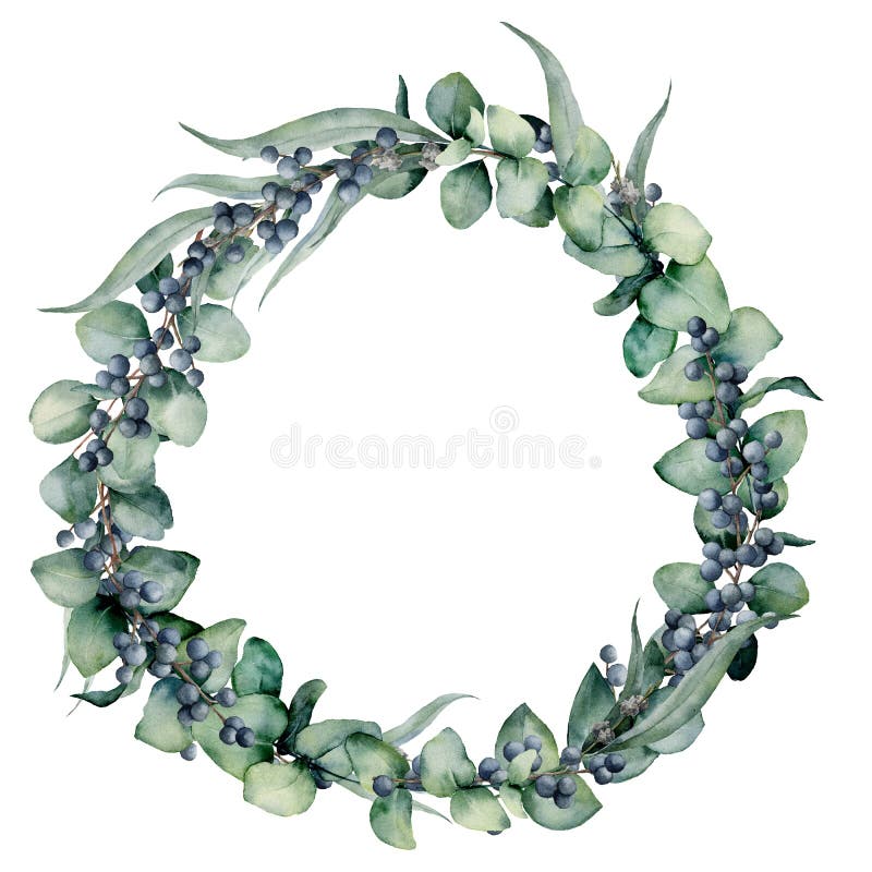 Corona floreale dell'acquerello con differenti foglie e bacche dell'eucalyptus Corona dipinta a mano con il blu di bambino, dolla royalty illustrazione gratis Corona floreale dell'acquerello con differenti foglie e bacche dell'eucalyptus Corona dipinta a mano con il blu di bambino, dolla royalty illustrazione gratis