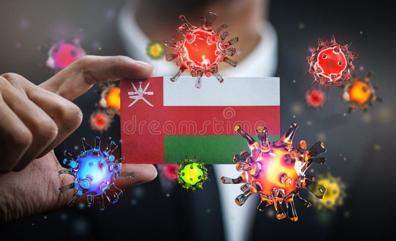 Corona Virus Around Oman Flag. Concept Pandemic Outbreak in Country stock images