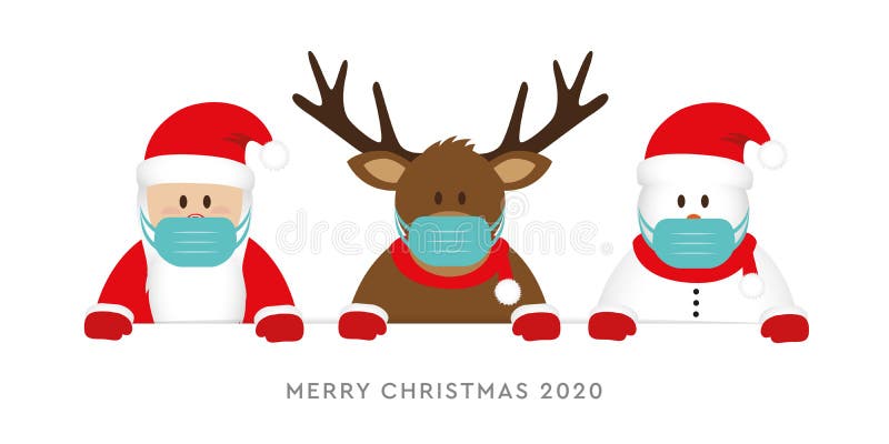 Corona virus christmas 2020 design with cute deer santa claus and snowman cartoon