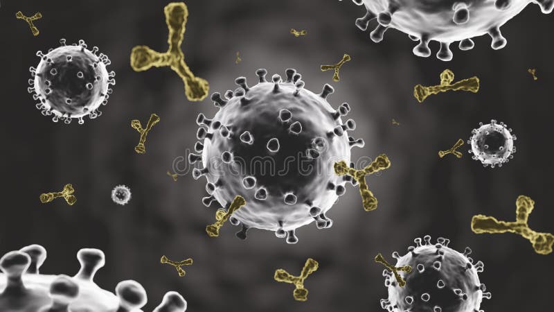 Coronavirus and antibody molecule from antiviral vaccine injection. Dark vignette background. Microscopic view of virus cell. vector illustration