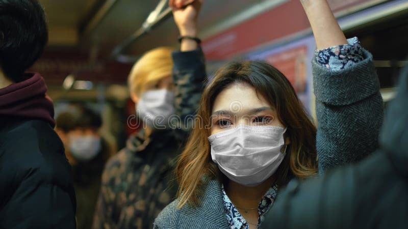 Coronavirus Asia. Young Ill Woman Flu Respiratory White Mask. Asian Corona Virus