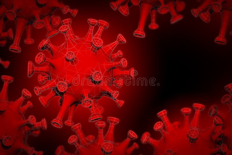 Coronavirus covid19 mit wireframe Polygonentwurfs-Maschenart auf dunklem Hintergrund- und Kopienraum für Text 3d übertragen lizenzfreie abbildung