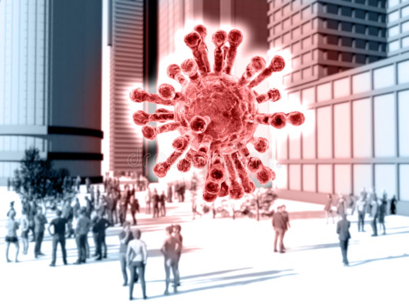 Coronavirus, Covid-19 propagation of the virus in cities, movement of people and multiplication of the virus. stock illustration Coronavirus, Covid-19 propagation of the virus in cities, movement of people and multiplication of the virus. stock illustration