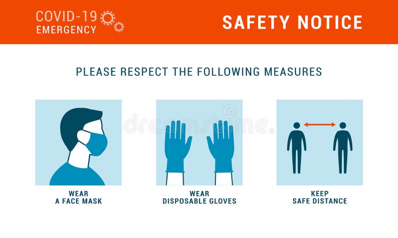 COVID-19 safety measures illustrated by cute cartoon cat. Icons