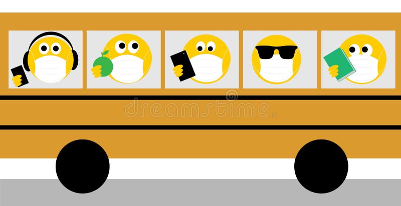 Coronavirus covid 19 überholende emoji tragen Sozialgesichtsmasken auf gelbem Bus. Geben Sie einen Gesichtsmasketext