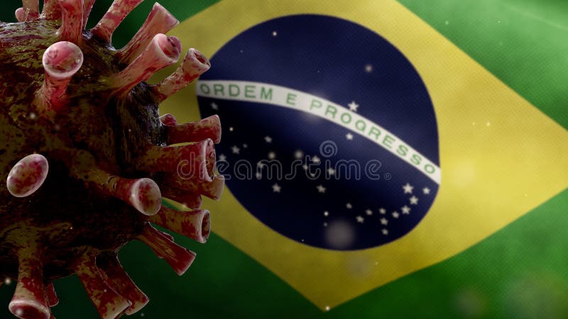 Brazilian flag waving with the Coronavirus outbreak infecting respiratory system as dangerous flu. Influenza type Covid 19 virus with national Brazil banner blowing at background. Pandemic concept. Brazilian flag waving with the Coronavirus outbreak infecting respiratory system as dangerous flu. Influenza type Covid 19 virus with national Brazil banner blowing at background. Pandemic concept