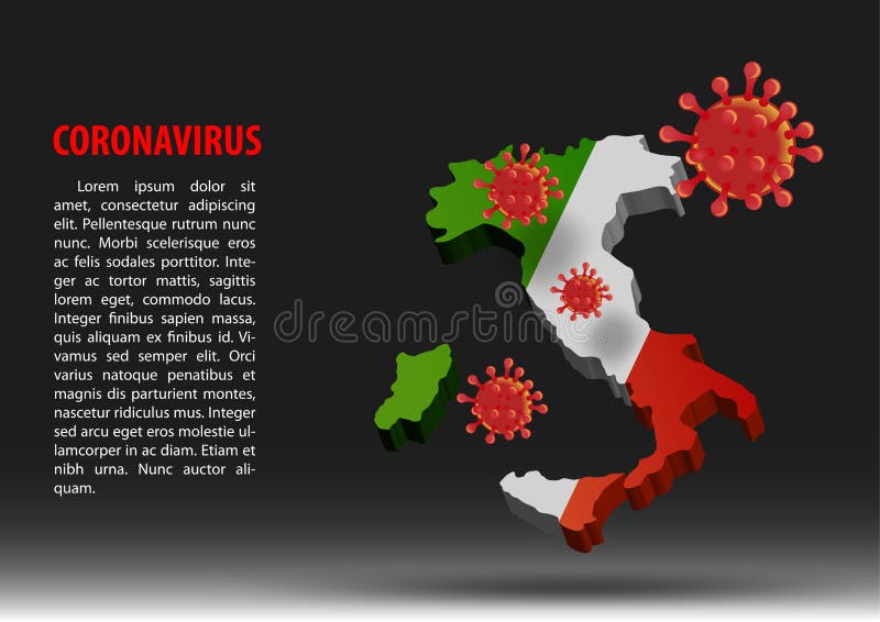 Coronavirus fly over map of Italy within national flag stock illustration